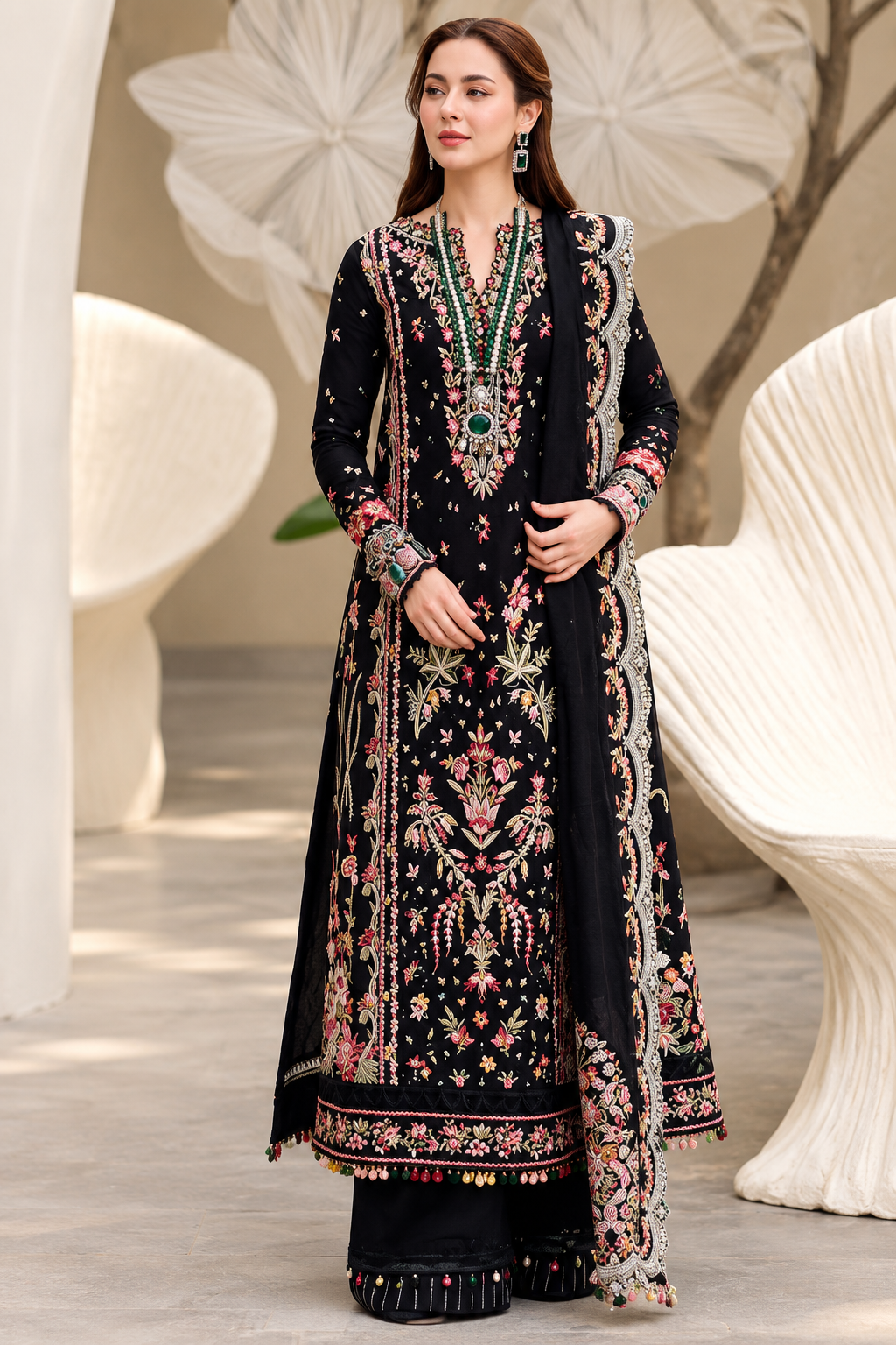 Qalamkar Black Luxury Unstitched Embroidered 3-Piece Suit