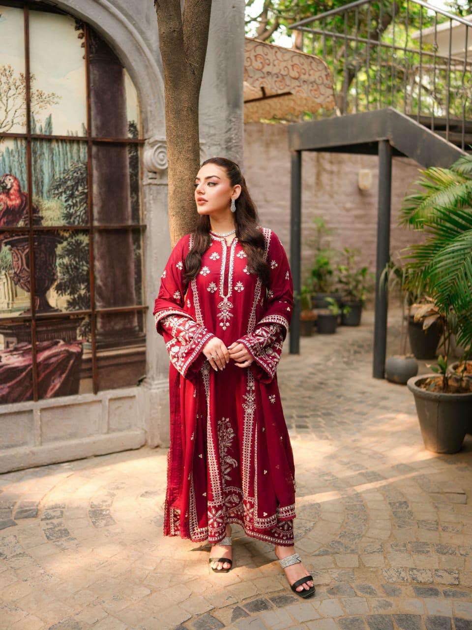 Ruby Red Unstitched Embroidered 3-Piece Suit