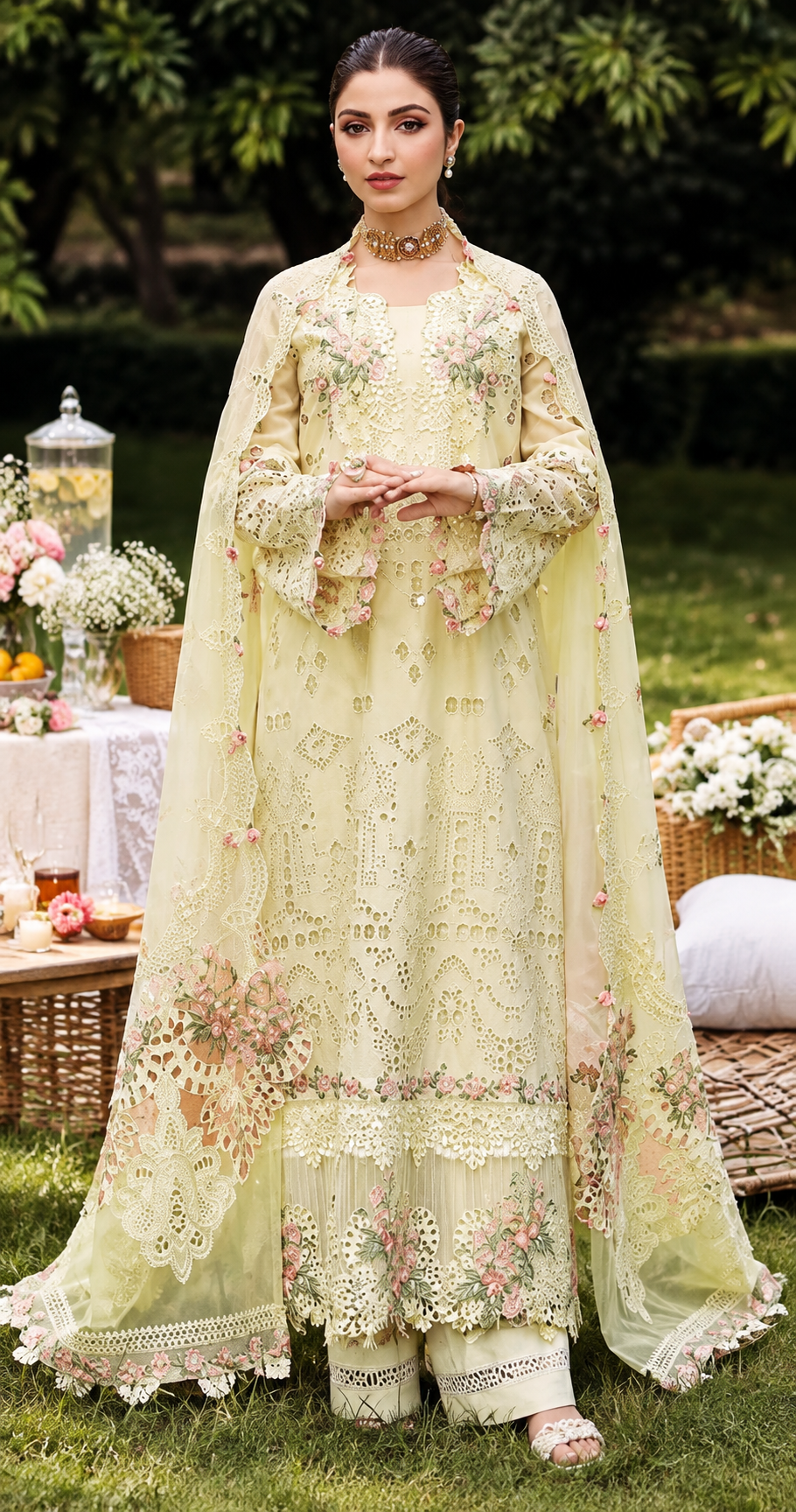 Pastel Pistachio Embroidered Dhanak 3-Piece Suit