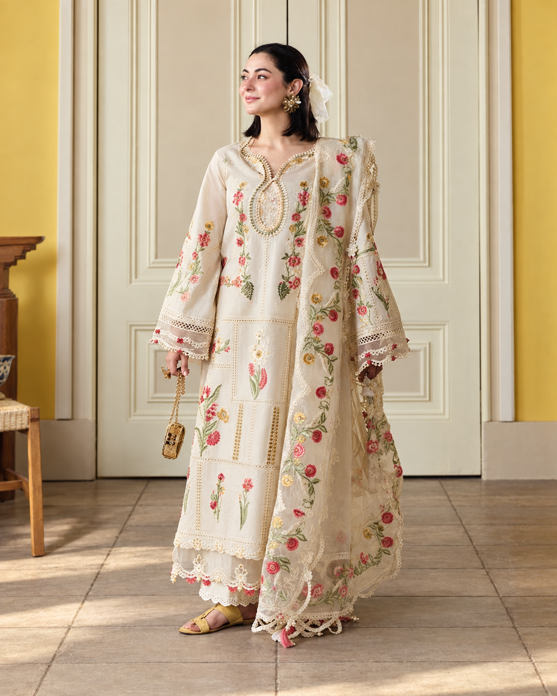 Ivory Floral Unstitched Embroidered 3-Piece Suit