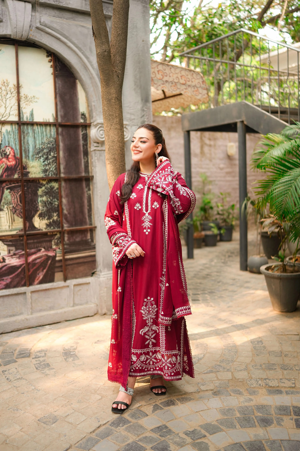 Ruby Red Unstitched Embroidered 3-Piece Suit