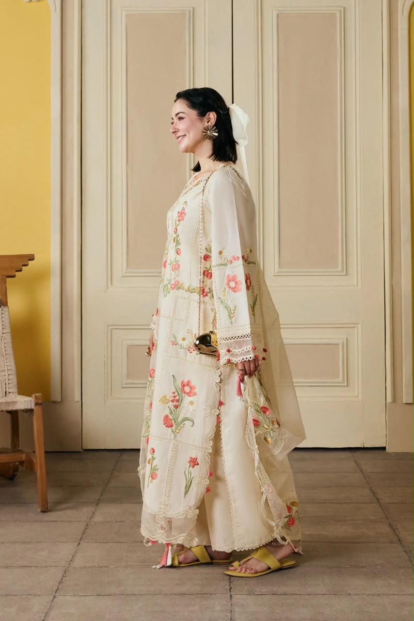 Ivory Floral Unstitched Embroidered 3-Piece Suit