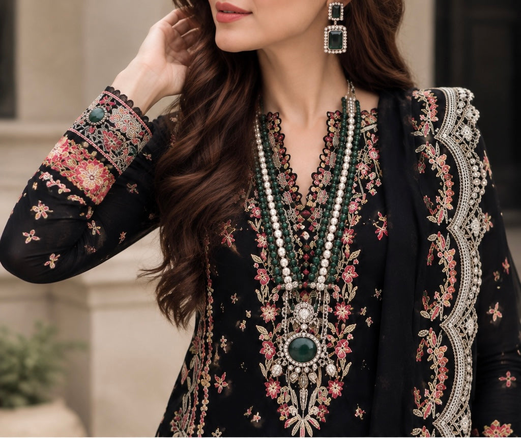 Qalamkar Black Luxury Unstitched Embroidered 3-Piece Suit