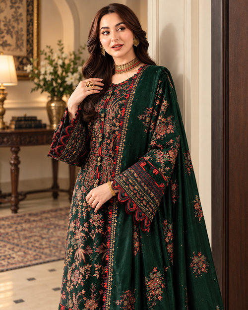 Emerald Green Luxury Unstitched Embroidered 3-Piece Suit