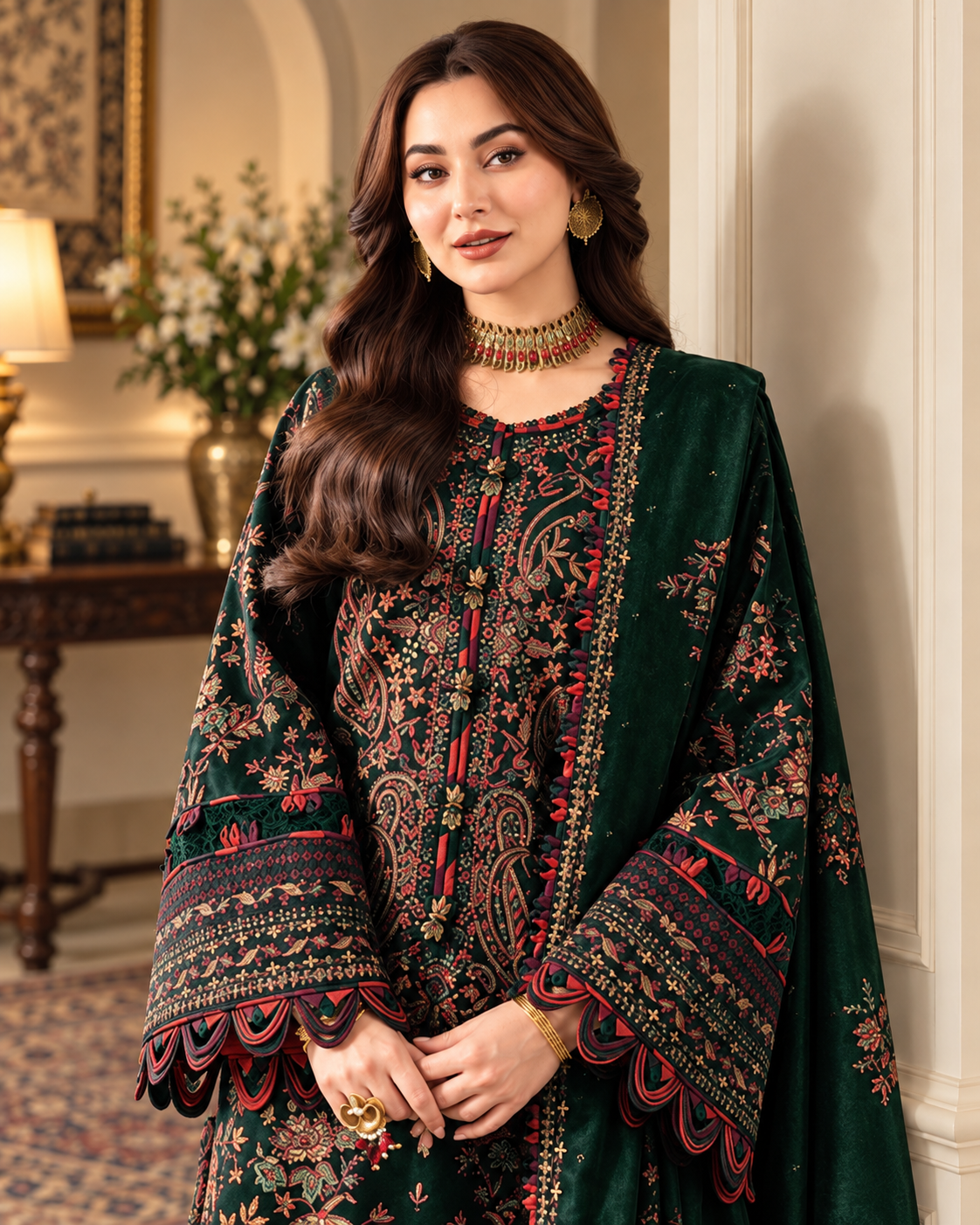 Emerald Green Luxury Unstitched Embroidered 3-Piece Suit