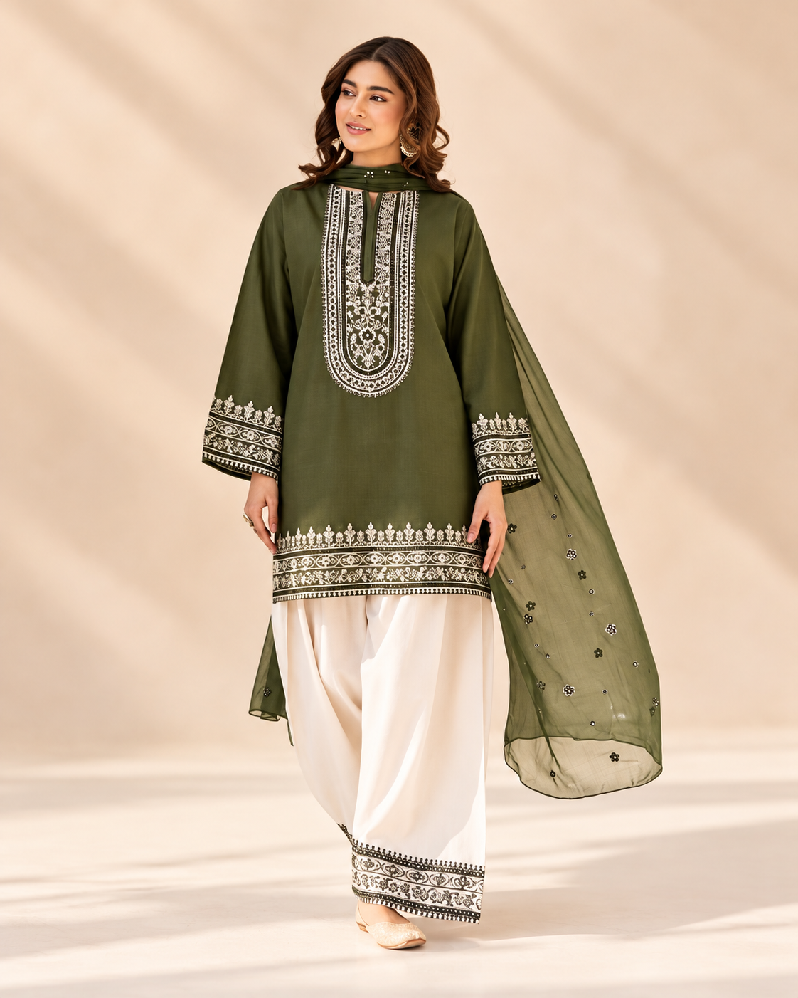 Olive Green Unstitched Embroidered 3-Piece Suit
