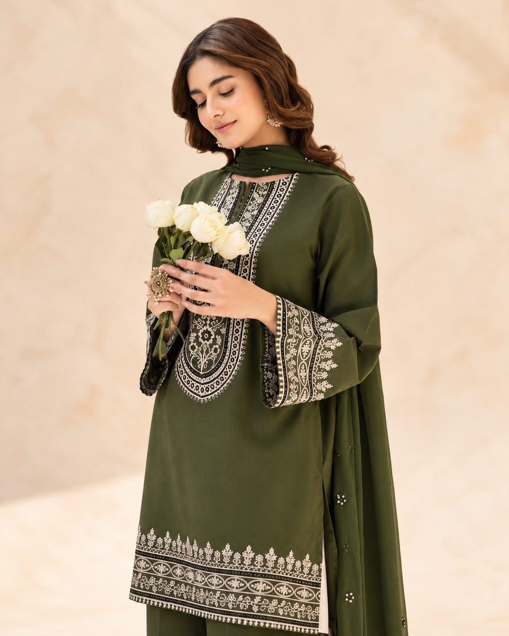 Olive Green Unstitched Embroidered 3-Piece Suit